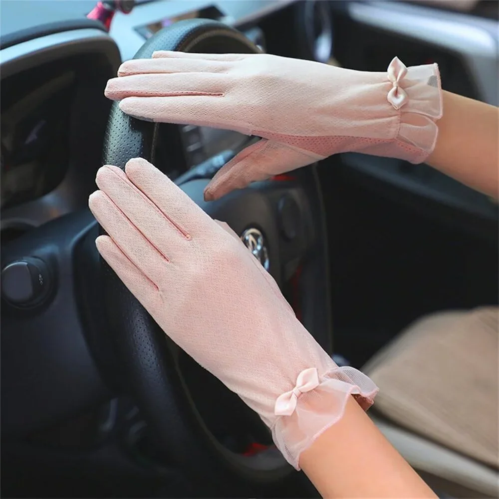 Women's Stylish Bow Short Lace Pink Gloves Fabric Design Summer Protection